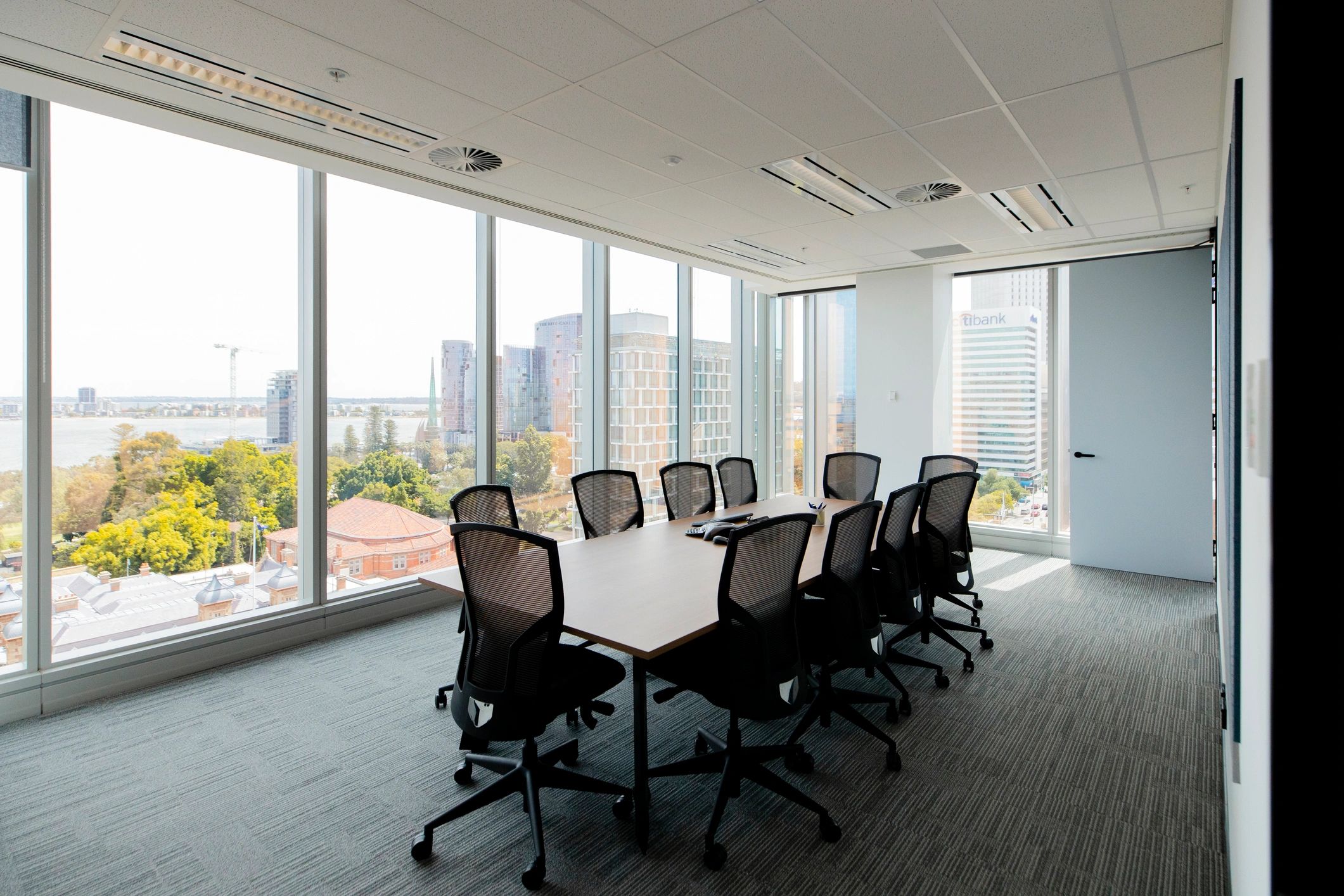 Modern boardroom with city view
